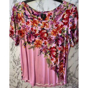 JM Collection 1X Short Sleeve Floral Top Blossom Berry 96% Rayon 4% Spandex